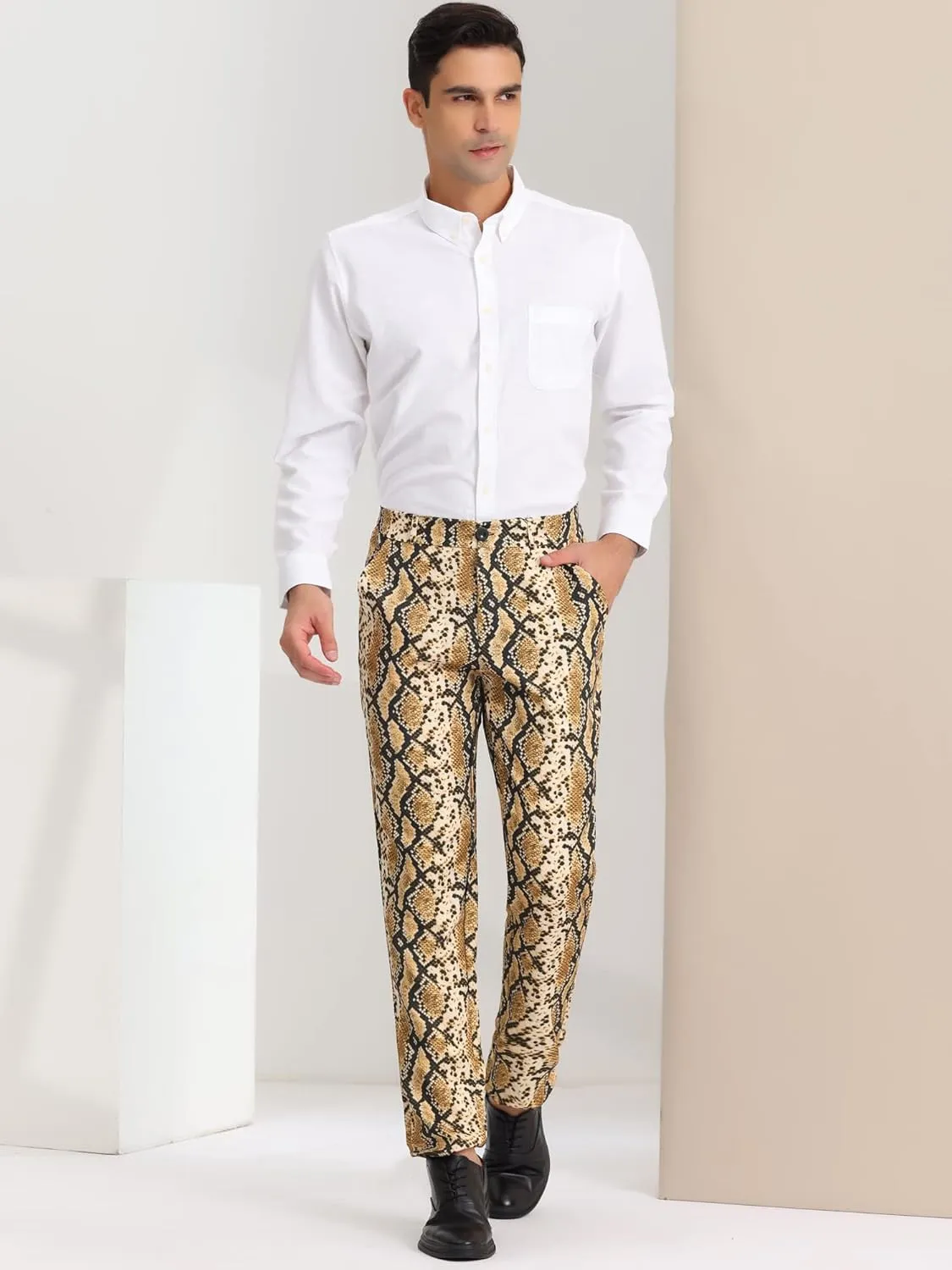 Lars Amadeus Men's Animal Printed Pants Flat Front Party Prom Dress Pants