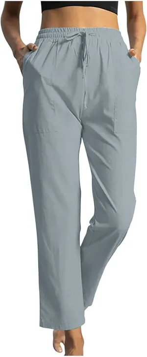 Linen Pants for Women Straight Leg Womens Lounge Pants with Pockets Solid Color Elastic Waisted Beach Summer Trousers