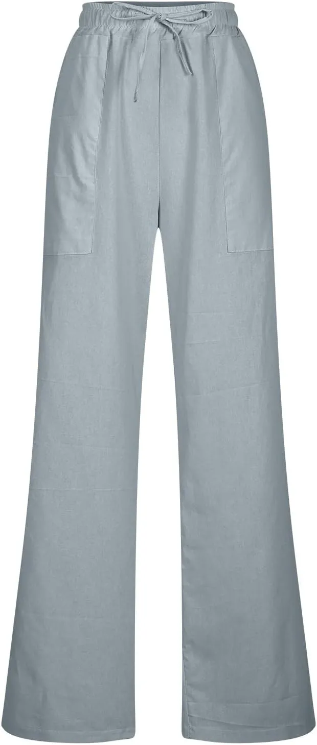 Linen Pants for Women Straight Leg Womens Lounge Pants with Pockets Solid Color Elastic Waisted Beach Summer Trousers