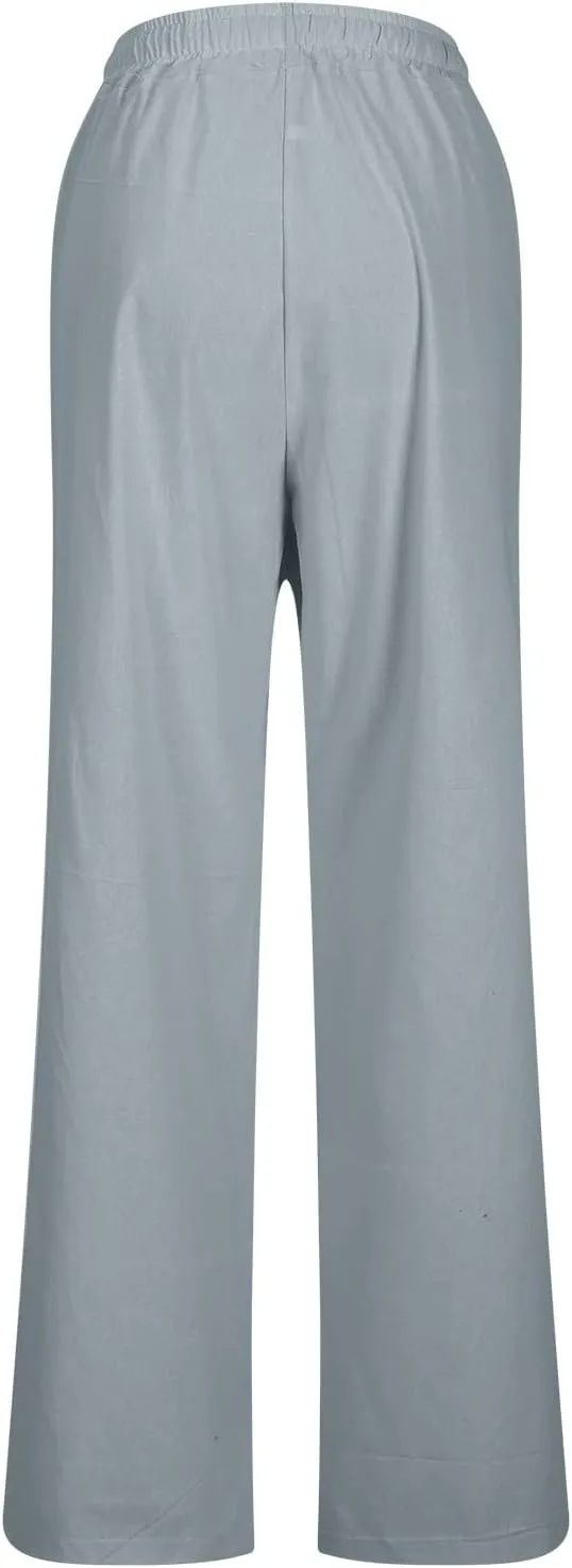 Linen Pants for Women Straight Leg Womens Lounge Pants with Pockets Solid Color Elastic Waisted Beach Summer Trousers