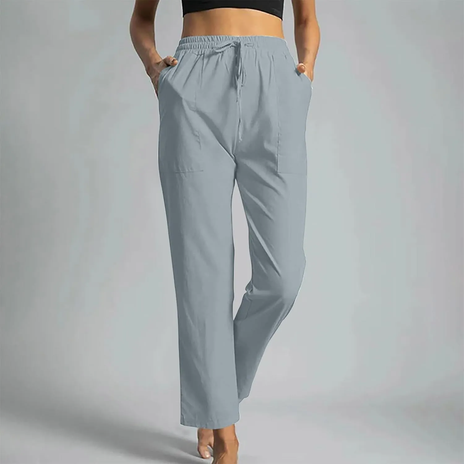 Linen Pants for Women Straight Leg Womens Lounge Pants with Pockets Solid Color Elastic Waisted Beach Summer Trousers