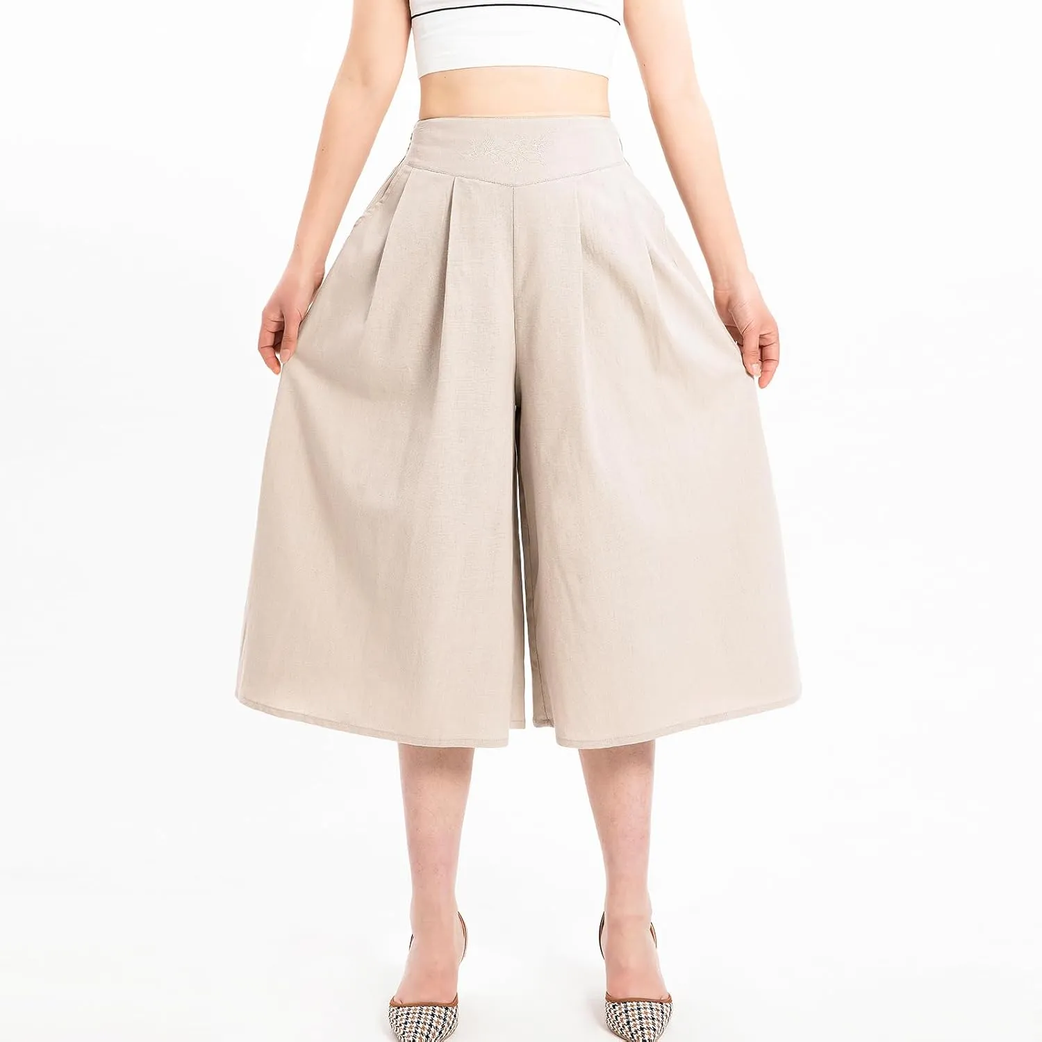 Lisskolo Women's Baggy Linen Wide Leg Palazzo Capris Pull On Embriodered Solid Summer Beach Cropped Culottes Pants Pocketed