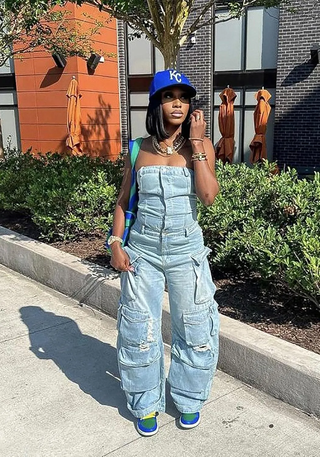 LKOUS Casual Cargo Denim Jumpsuit for Women, Elastic Stretch Multi Pockets Button Down Straight Leg Jeans Jumpsuits