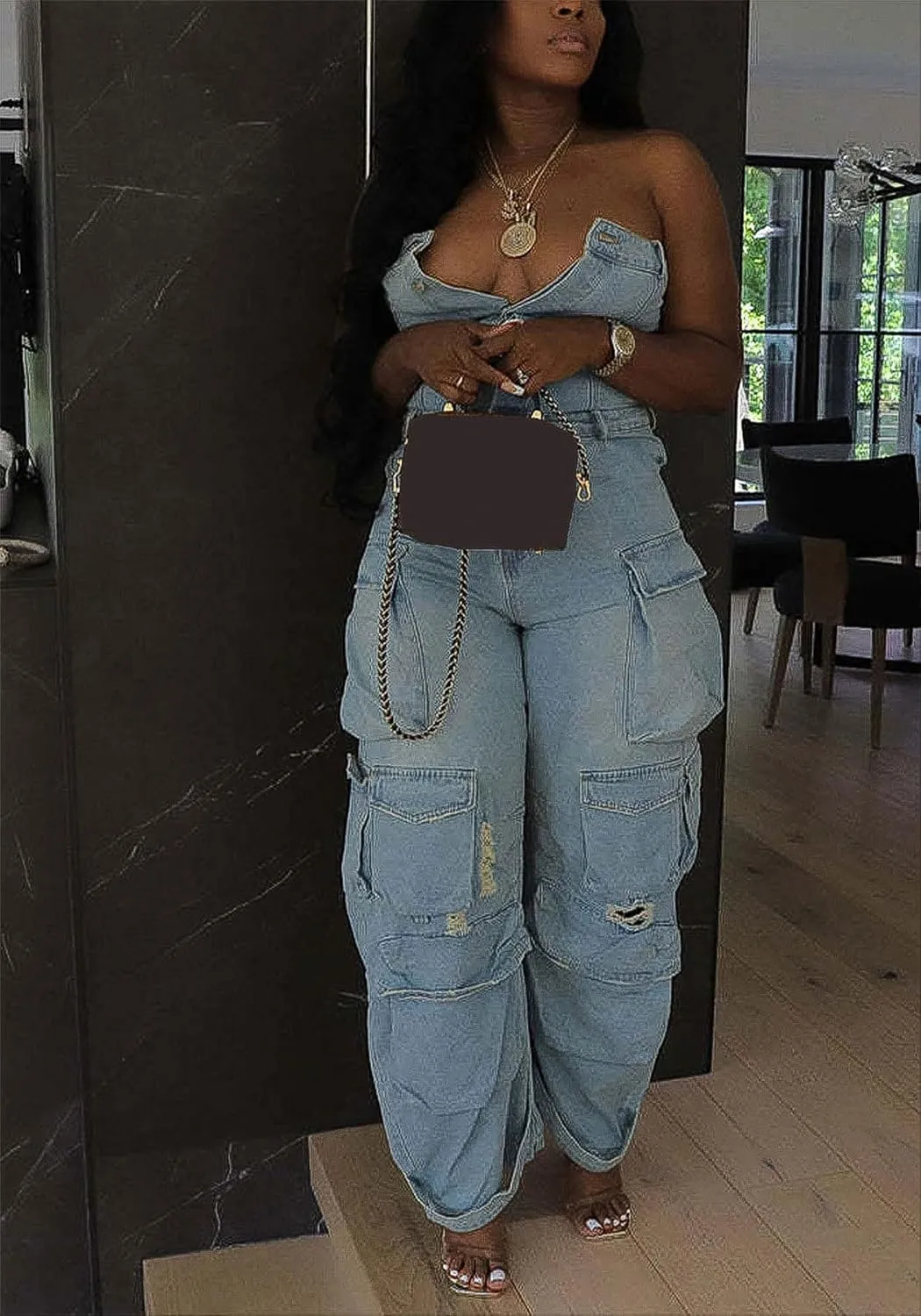LKOUS Casual Cargo Denim Jumpsuit for Women, Elastic Stretch Multi Pockets Button Down Straight Leg Jeans Jumpsuits