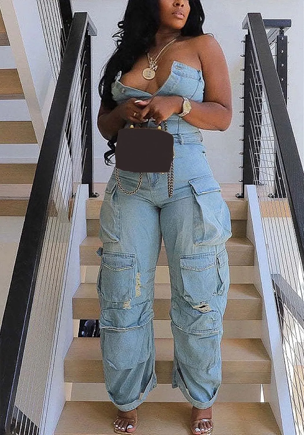 LKOUS Casual Cargo Denim Jumpsuit for Women, Elastic Stretch Multi Pockets Button Down Straight Leg Jeans Jumpsuits