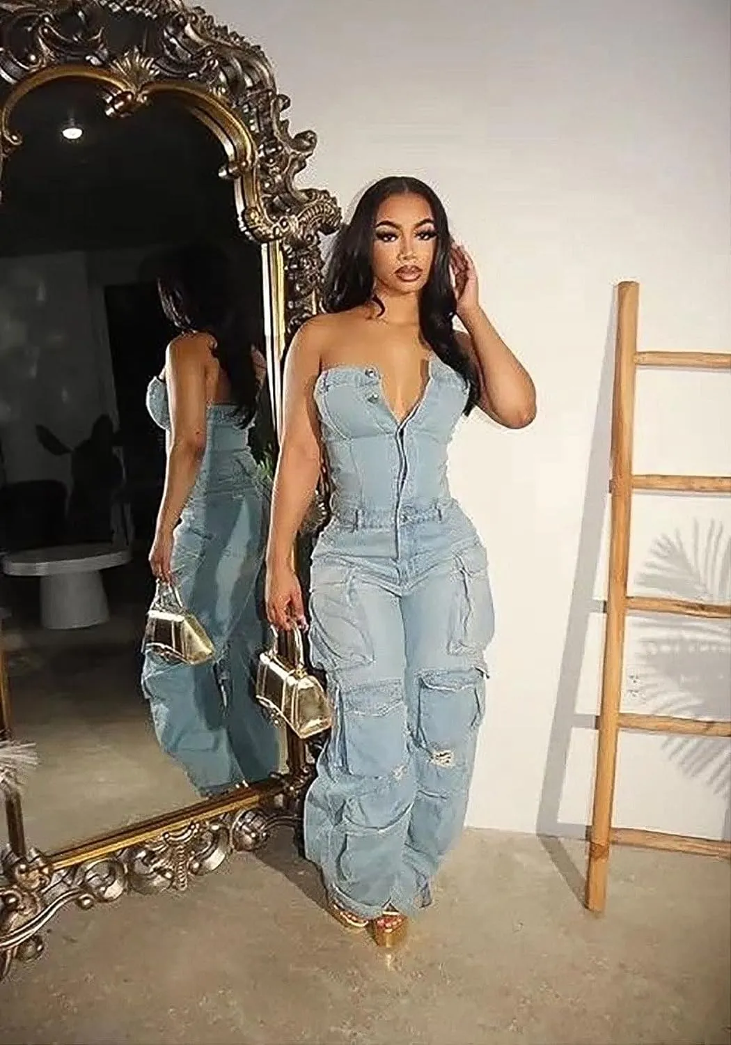 LKOUS Casual Cargo Denim Jumpsuit for Women, Elastic Stretch Multi Pockets Button Down Straight Leg Jeans Jumpsuits