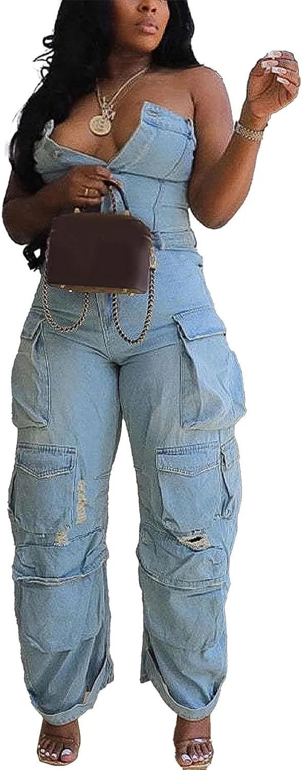 LKOUS Casual Cargo Denim Jumpsuit for Women, Elastic Stretch Multi Pockets Button Down Straight Leg Jeans Jumpsuits