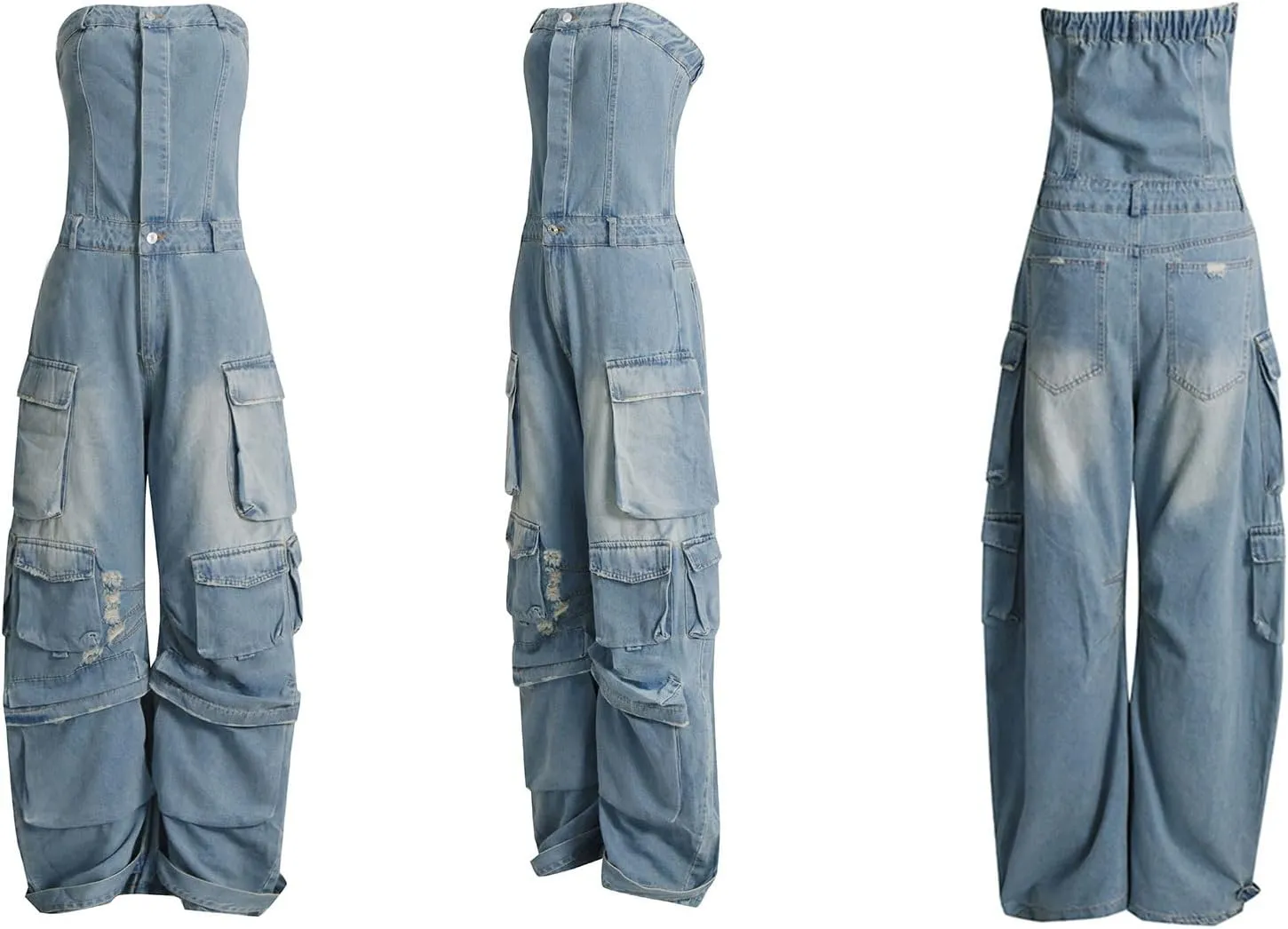 LKOUS Casual Cargo Denim Jumpsuit for Women, Elastic Stretch Multi Pockets Button Down Straight Leg Jeans Jumpsuits