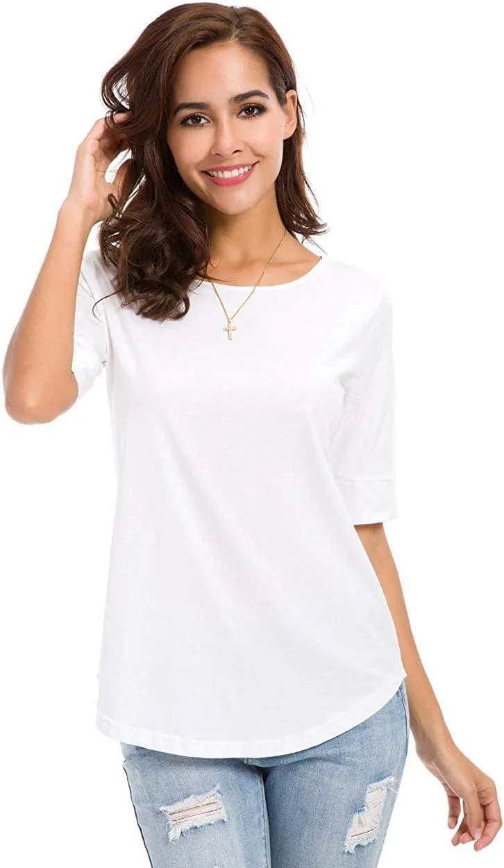 LUSMAY Womens Crew Neck Loose Fitting Tunic Shirts Cotton Casual Tops