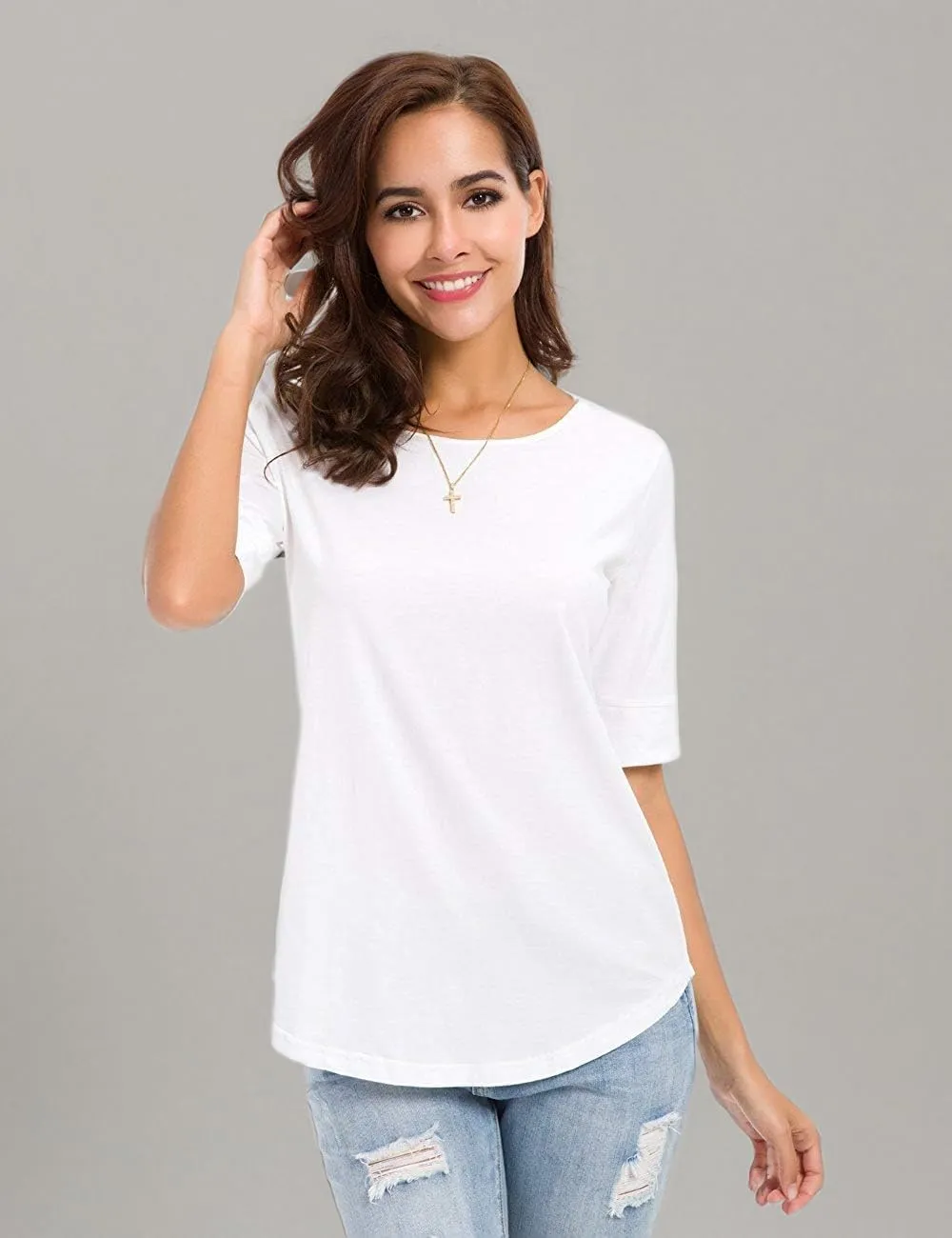 LUSMAY Womens Crew Neck Loose Fitting Tunic Shirts Cotton Casual Tops