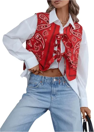 MakeMeChic Women's Paisley Print Tie Front Vest Sleeveless Cropped Boho Waistcoat Tank Top