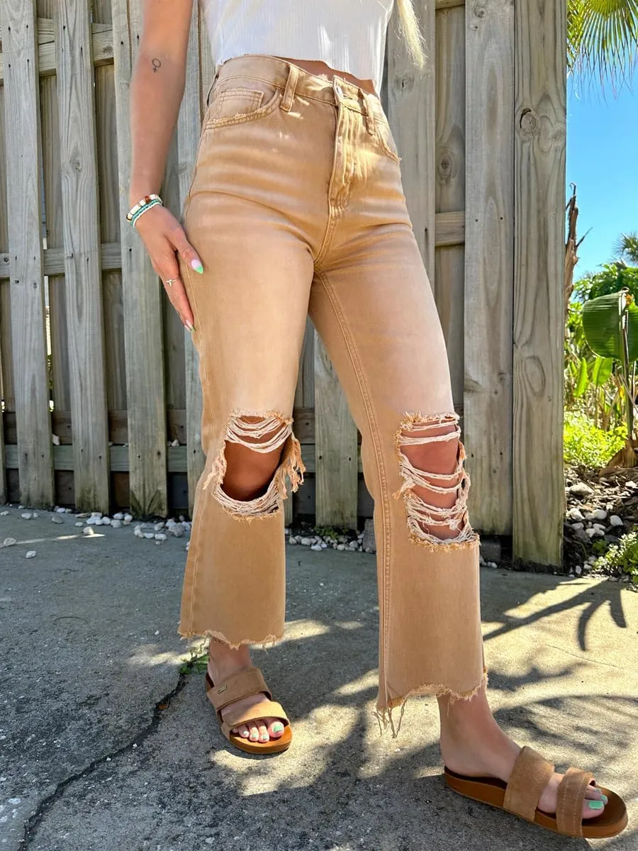 Melliflo Ripped Flare Jeans for Women High Waist Baggy Wide Leg Denim Pants Casual Distressed Trousers with Pockets