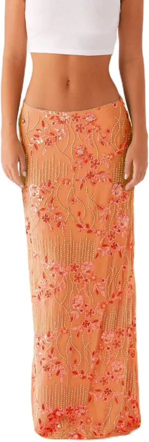 Melliflo Womens Sequin Maxi Skirt Sparkle Rhinestone Floral Embroidery Boho Long Skirts Summer Glitter Going Out Skirt