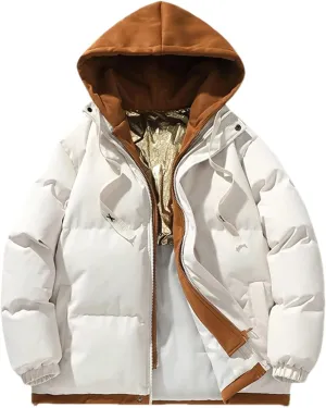 Men Fake Two Drawstring Hooded Cotton-Padded Vintage Thickened Long Sleeve Parka Coat