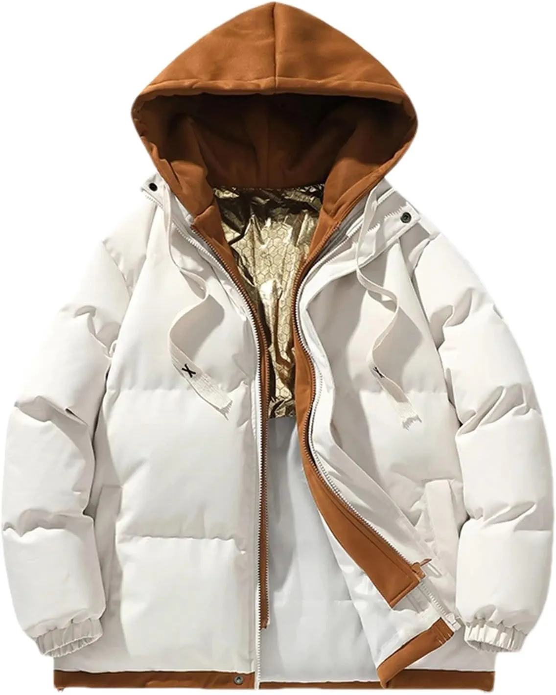 Men Fake Two Drawstring Hooded Cotton-Padded Vintage Thickened Long Sleeve Parka Coat