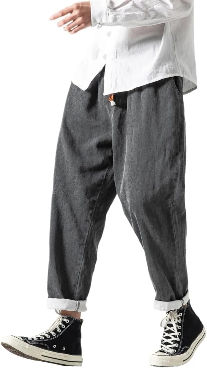 Men's Japanese Cargo Jeans Wide Leg Loose Baggy Harem Pants Elastic Waist Capri Pants