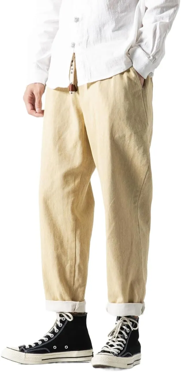 Men's Japanese Cargo Jeans Wide Leg Loose Baggy Harem Pants Elastic Waist Capri Pants