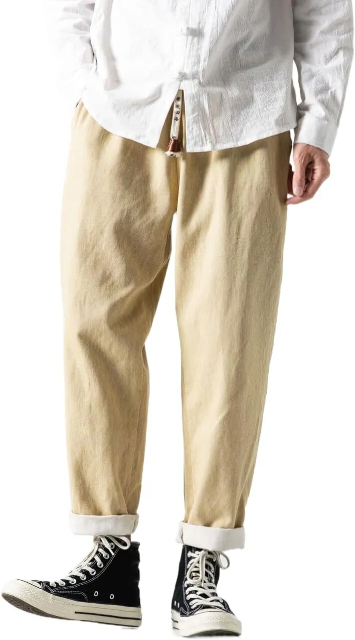 Men's Japanese Cargo Jeans Wide Leg Loose Baggy Harem Pants Elastic Waist Capri Pants
