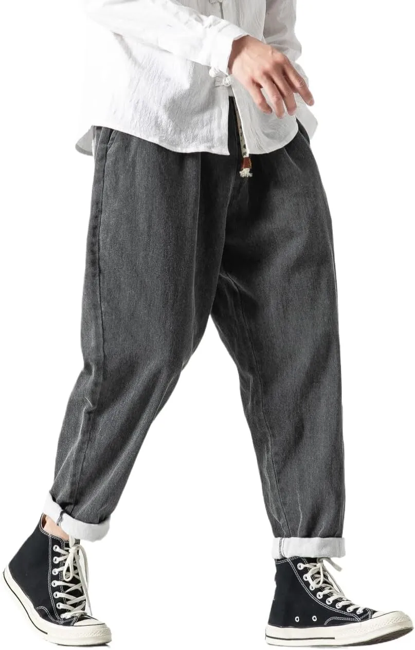 Men's Japanese Cargo Jeans Wide Leg Loose Baggy Harem Pants Elastic Waist Capri Pants