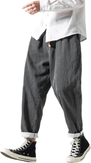 Men's Japanese Cargo Jeans Wide Leg Loose Baggy Harem Pants Elastic Waist Capri Pants