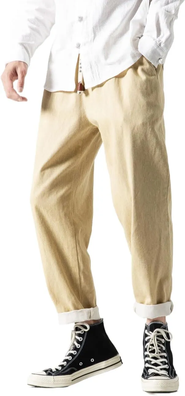 Men's Japanese Cargo Jeans Wide Leg Loose Baggy Harem Pants Elastic Waist Capri Pants