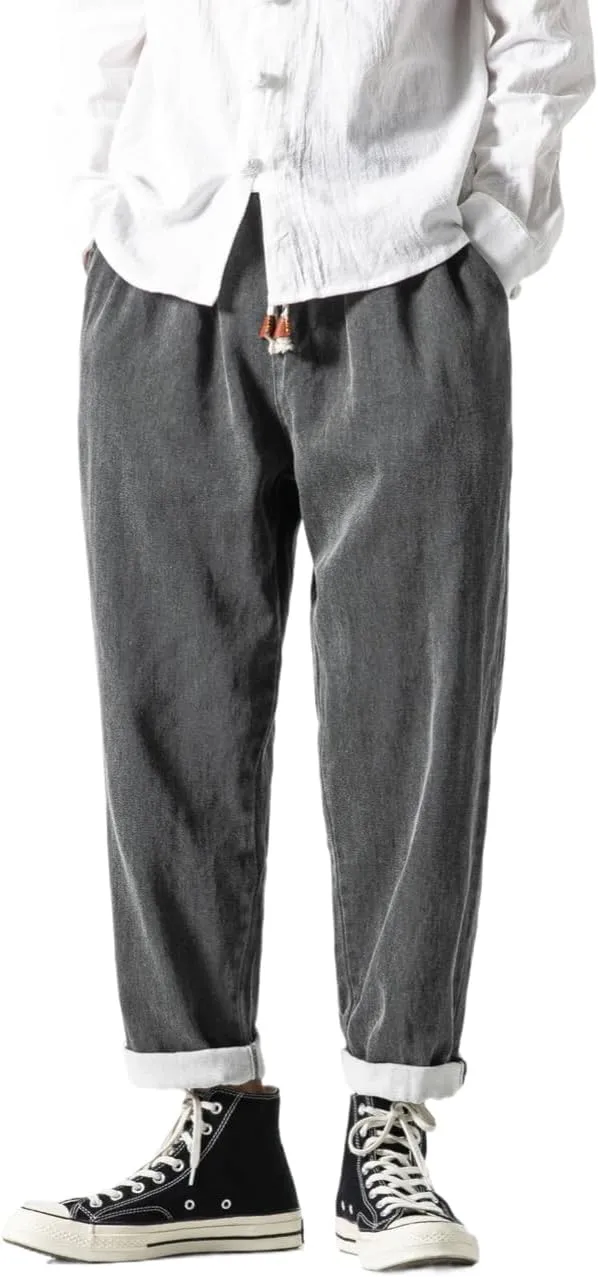 Men's Japanese Cargo Jeans Wide Leg Loose Baggy Harem Pants Elastic Waist Capri Pants