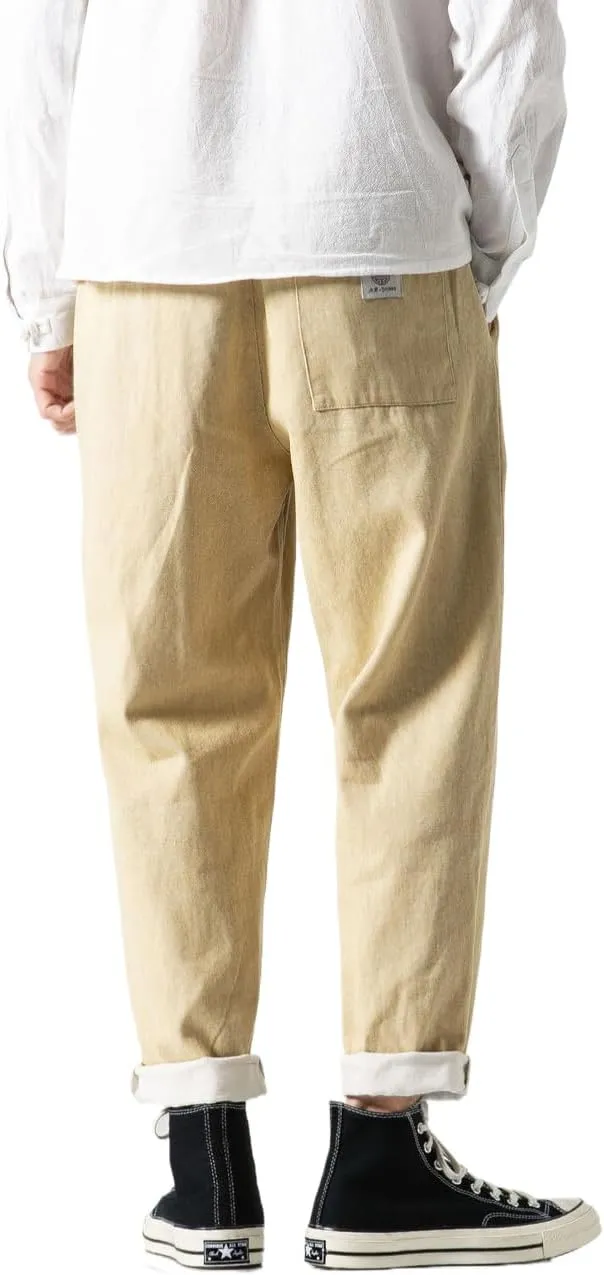 Men's Japanese Cargo Jeans Wide Leg Loose Baggy Harem Pants Elastic Waist Capri Pants