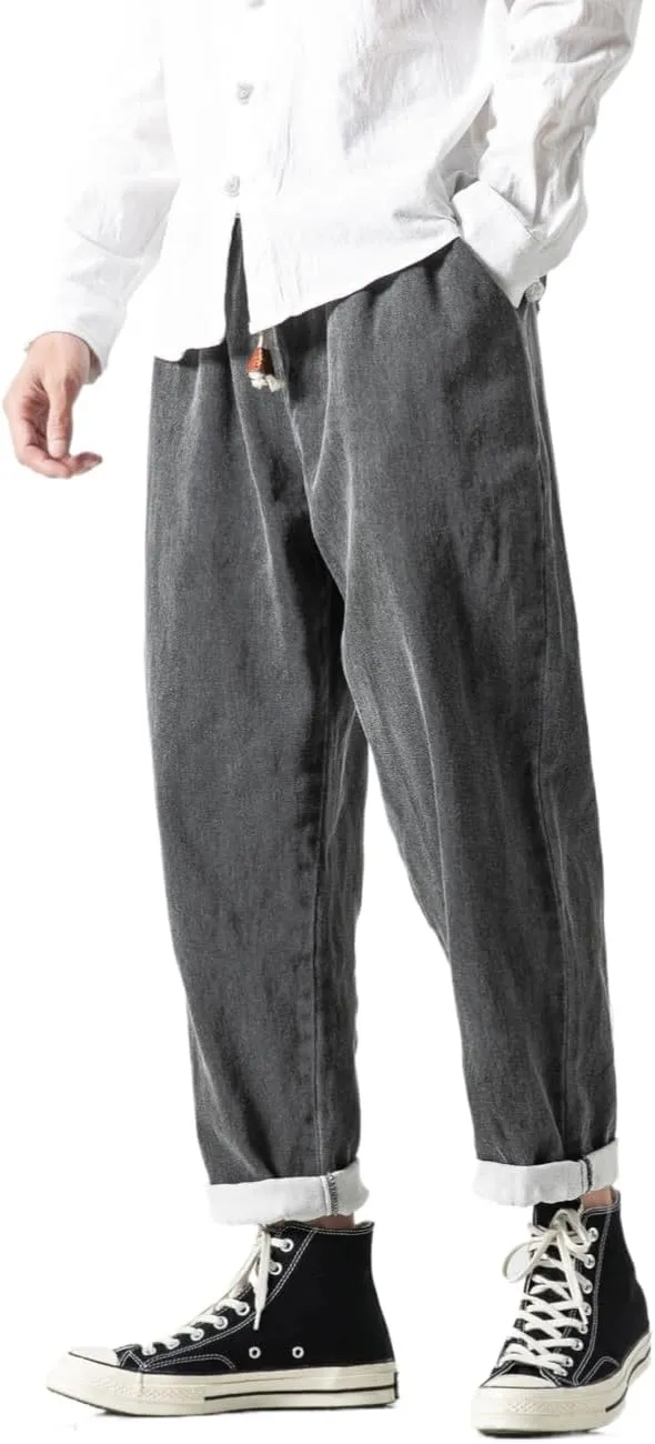 Men's Japanese Cargo Jeans Wide Leg Loose Baggy Harem Pants Elastic Waist Capri Pants