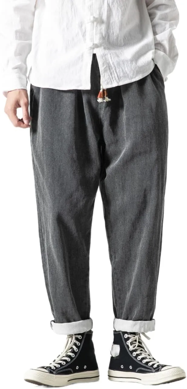Men's Japanese Cargo Jeans Wide Leg Loose Baggy Harem Pants Elastic Waist Capri Pants