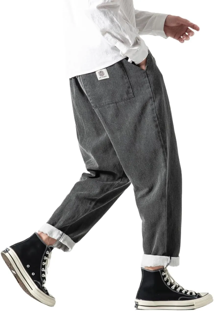 Men's Japanese Cargo Jeans Wide Leg Loose Baggy Harem Pants Elastic Waist Capri Pants