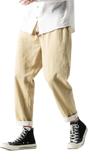 Men's Japanese Cargo Jeans Wide Leg Loose Baggy Harem Pants Elastic Waist Capri Pants