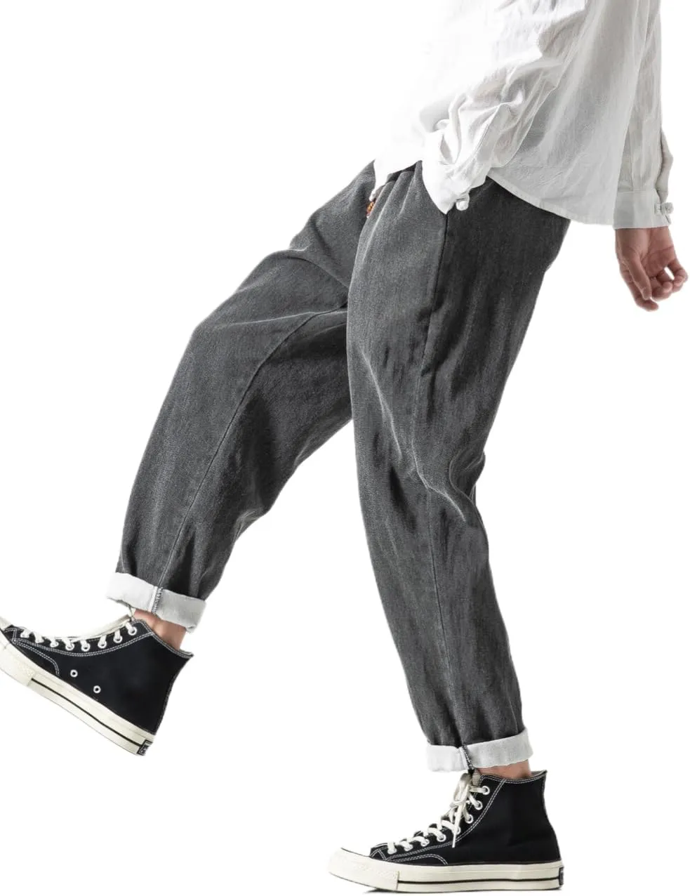 Men's Japanese Cargo Jeans Wide Leg Loose Baggy Harem Pants Elastic Waist Capri Pants