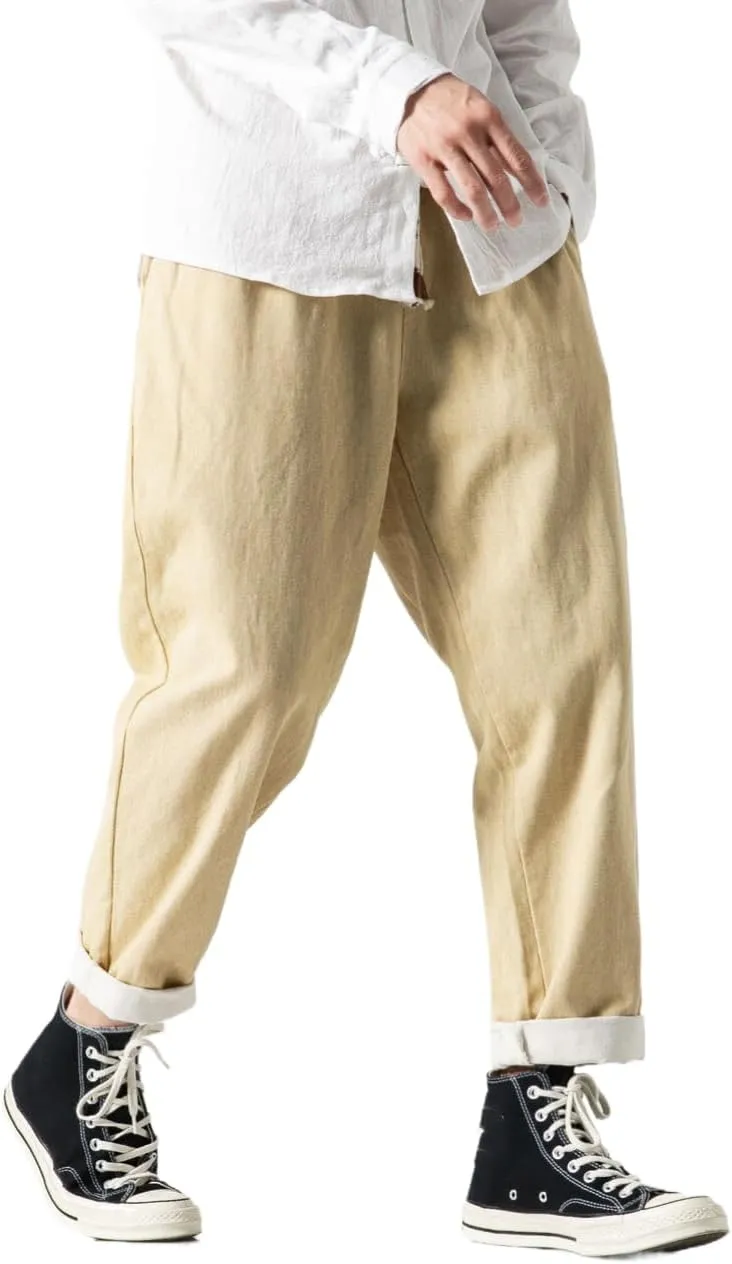 Men's Japanese Cargo Jeans Wide Leg Loose Baggy Harem Pants Elastic Waist Capri Pants