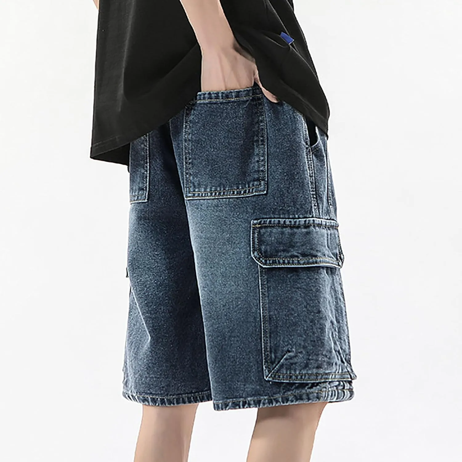 Mens Loose Denim Shorts Baggy Summer Casual Wide Leg Mid Jean Jorts Hip Hop Shorts with Pockets Streetwear