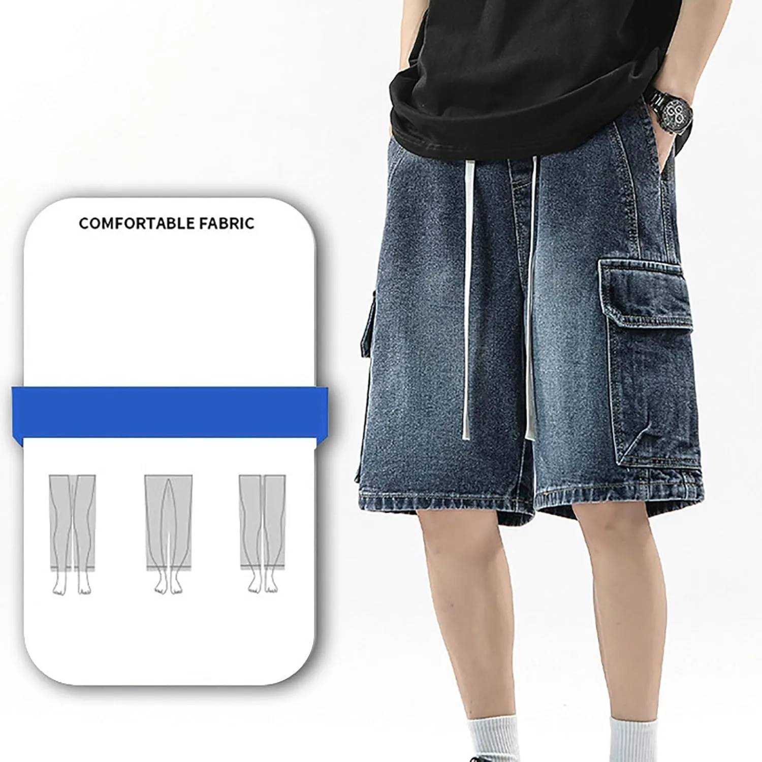 Mens Loose Denim Shorts Baggy Summer Casual Wide Leg Mid Jean Jorts Hip Hop Shorts with Pockets Streetwear