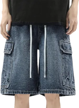 Mens Loose Denim Shorts Baggy Summer Casual Wide Leg Mid Jean Jorts Hip Hop Shorts with Pockets Streetwear