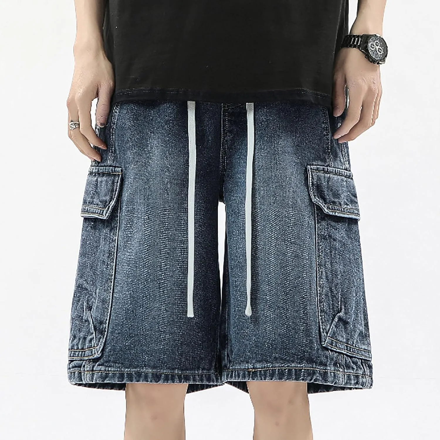 Mens Loose Denim Shorts Baggy Summer Casual Wide Leg Mid Jean Jorts Hip Hop Shorts with Pockets Streetwear