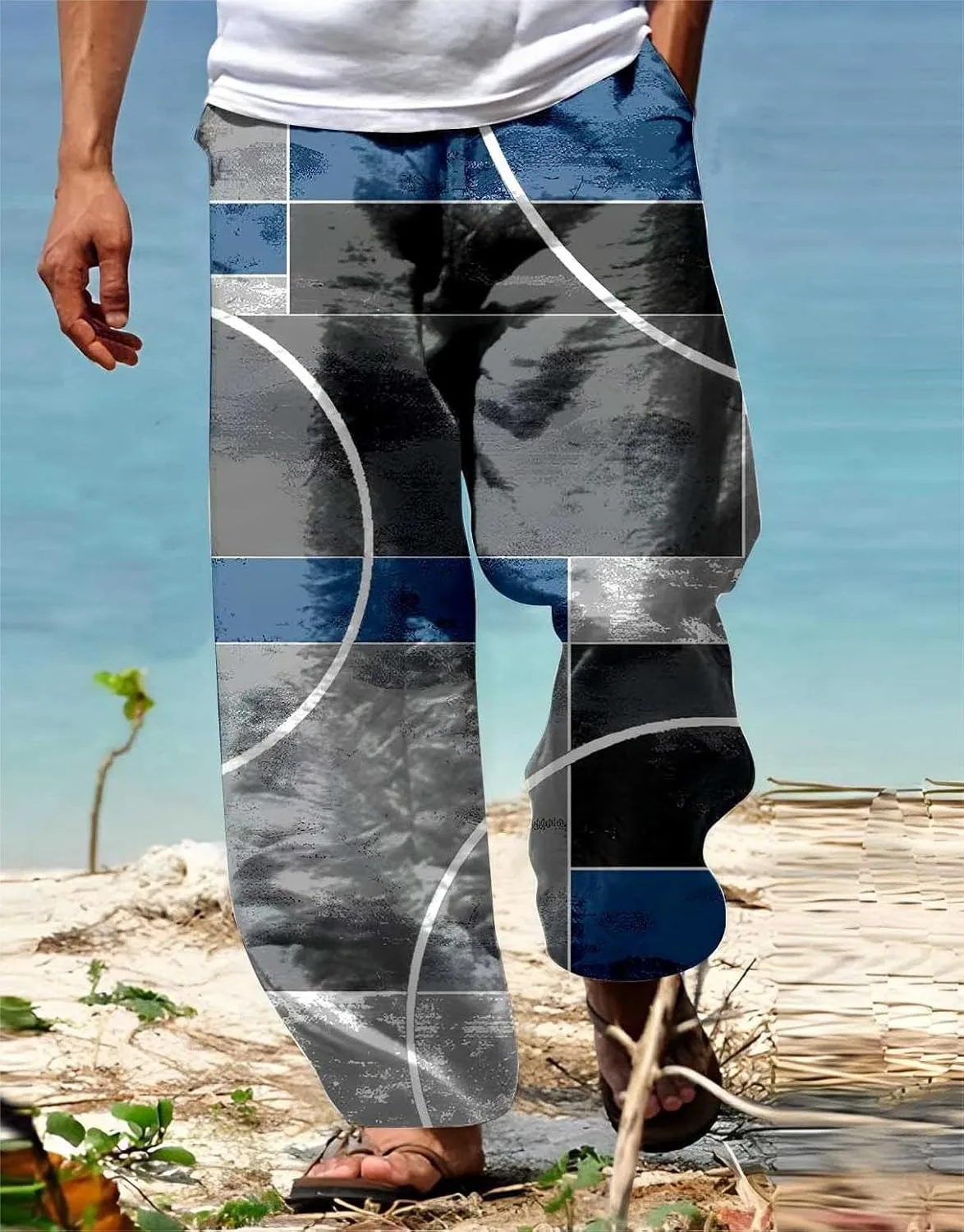 Mens Summer Cotton Linen Casual Pants Loose Fit Straight Leg Trend Printed Trousers Elastic Waist Drawstring Beach Yoga Pants