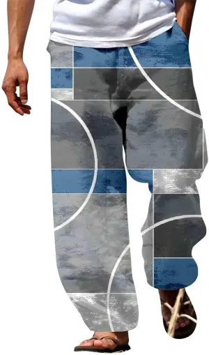 Mens Summer Cotton Linen Casual Pants Loose Fit Straight Leg Trend Printed Trousers Elastic Waist Drawstring Beach Yoga Pants