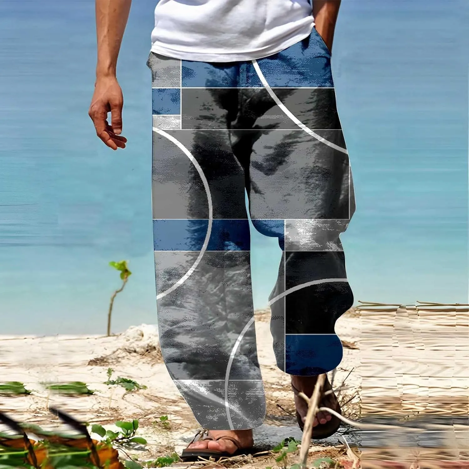 Mens Summer Cotton Linen Casual Pants Loose Fit Straight Leg Trend Printed Trousers Elastic Waist Drawstring Beach Yoga Pants