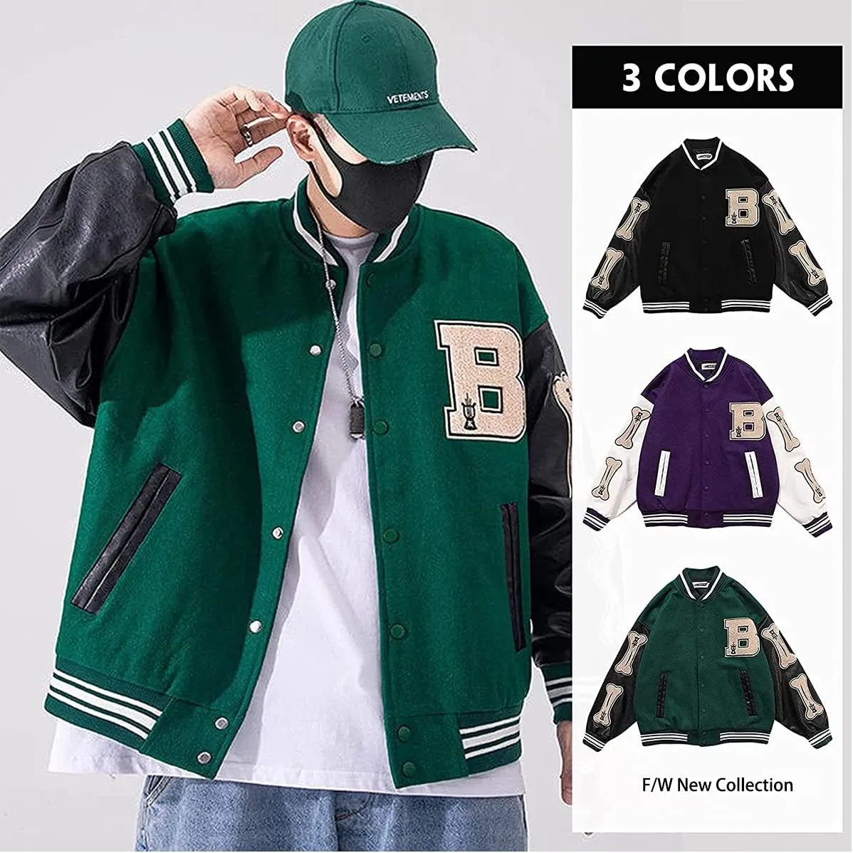 Mens Varsity College Jacket Baseball Bomber Jacket Vintage Sweatshirt Casual Unisex Streetwear Coats with Patch