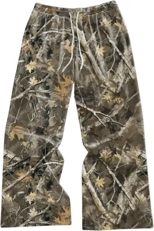 Men's Vintage Camo Pants Wide Leg Drawstring Waist Casual Baggy Sweatpants Trousers Streetwear