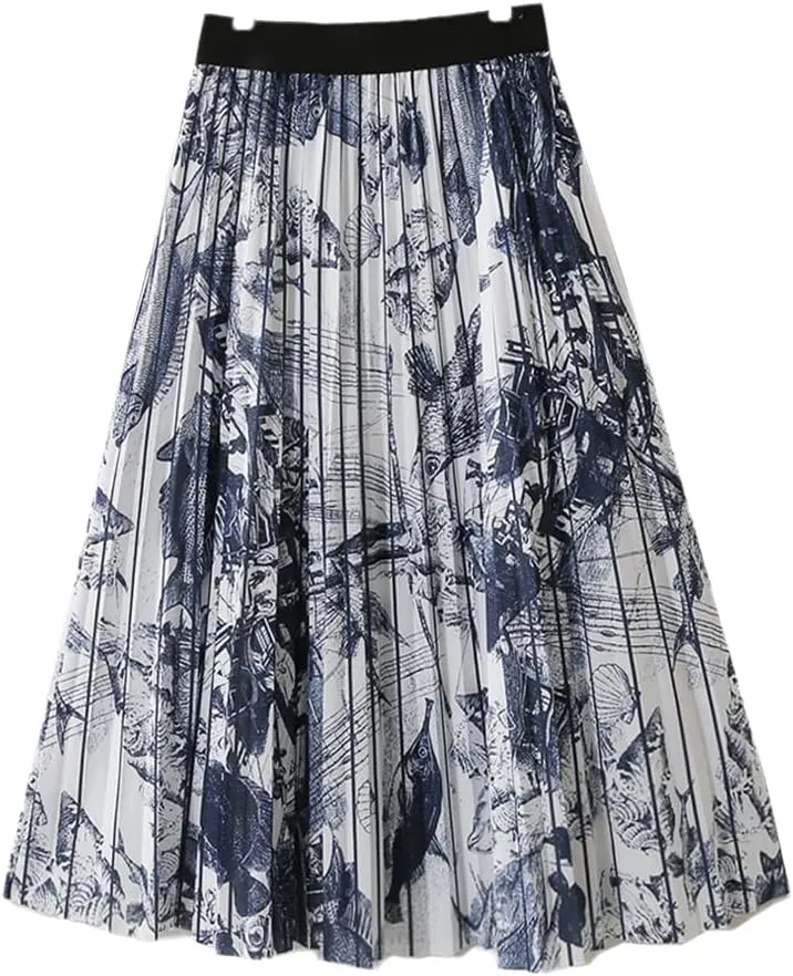 Midi Long Pleated Skirt Women Spring Fashion Korean Style Striped Mid-Length High Waist A Line Skirt Female