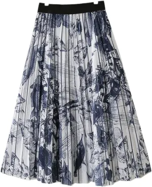 Midi Long Pleated Skirt Women Spring Fashion Korean Style Striped Mid-Length High Waist A Line Skirt Female