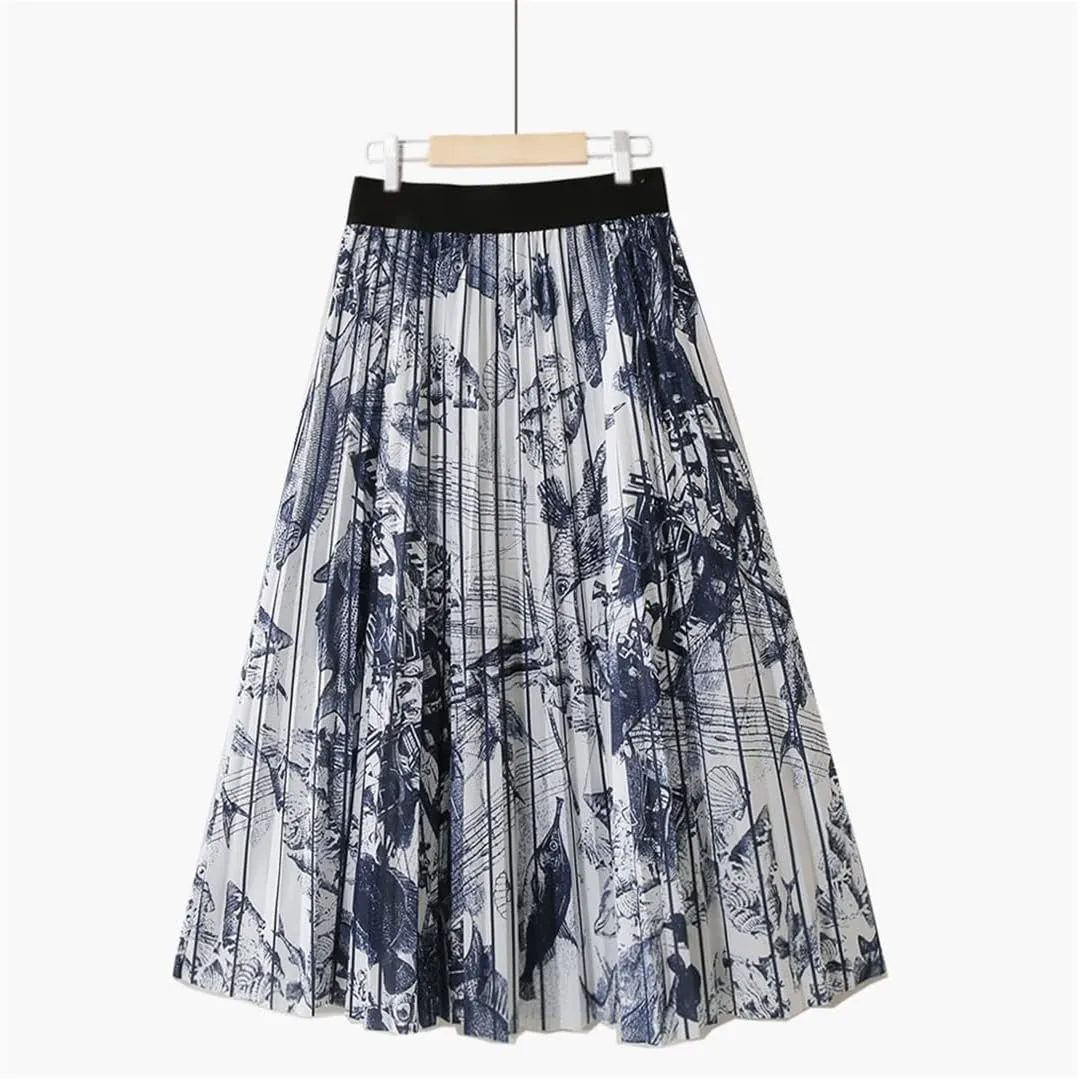 Midi Long Pleated Skirt Women Spring Fashion Korean Style Striped Mid-Length High Waist A Line Skirt Female