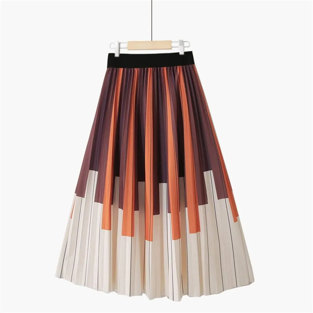 Midi Long Pleated Skirt Women Spring Fashion Korean Style Striped Mid-Length High Waist A Line Skirt Female