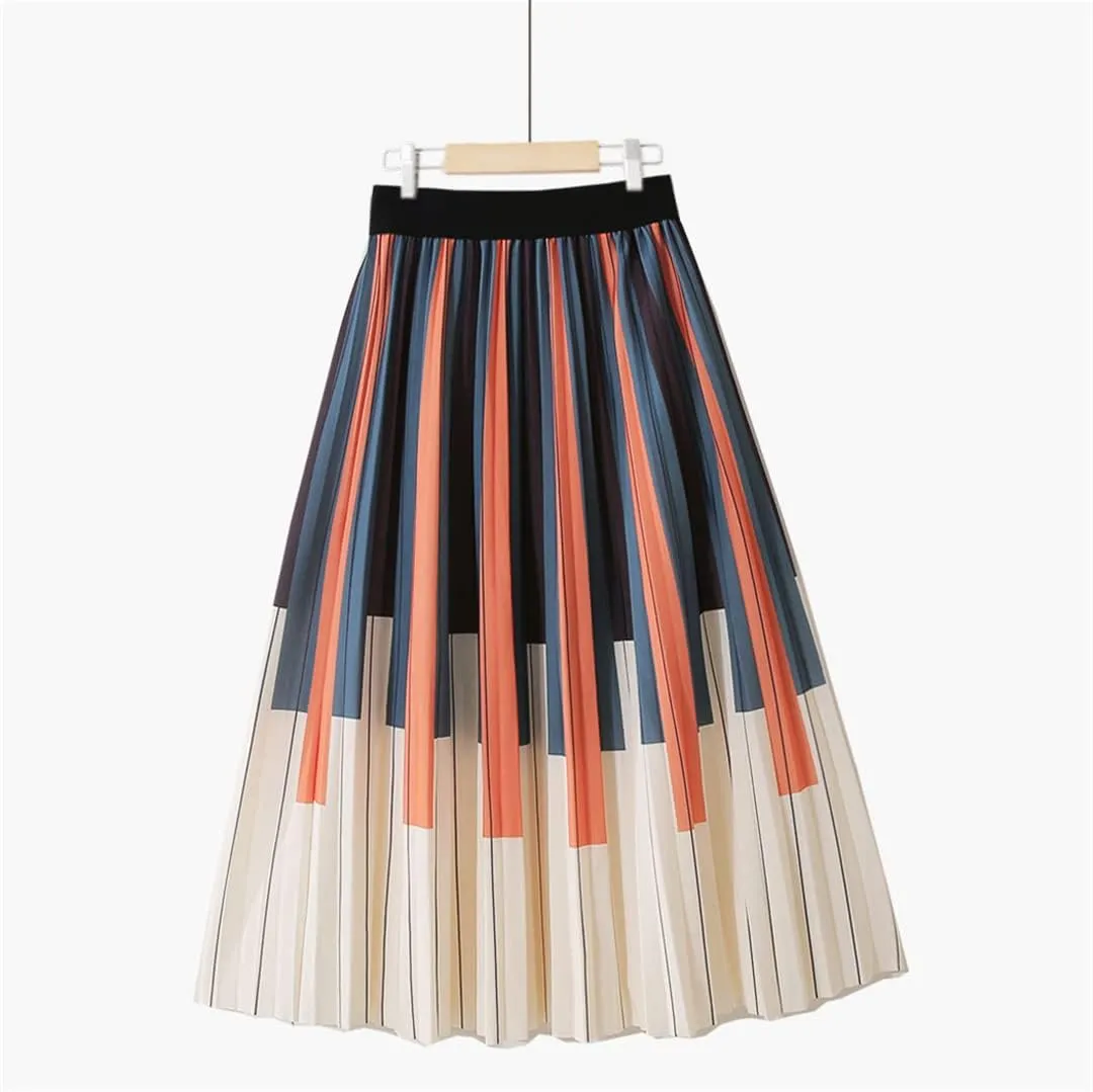 Midi Long Pleated Skirt Women Spring Fashion Korean Style Striped Mid-Length High Waist A Line Skirt Female