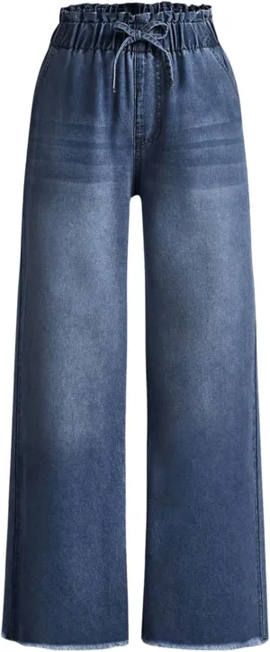 Milumia Girl's Drawstring Paperbag Waist Raw Hem Denim Pants Straight Wide Leg Baggy Jeans