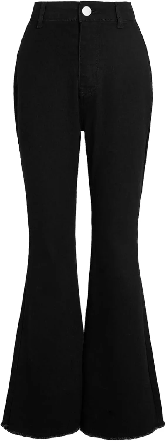 Milumia Girl's Raw Hem Flare Jeans Long Bell Bottom Wide Leg Denim Pants with Pockets