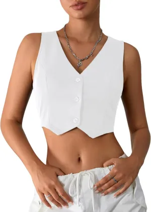 Milumia Women's Button Up Suit Vest Shirt Waistcoat Sleeveless Cropped Blazer Vest Tops